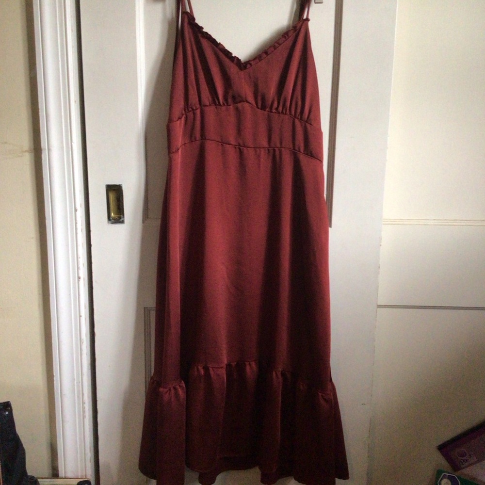Nine West Rust-Red Maxi Slip Dress with Ruffle Hem